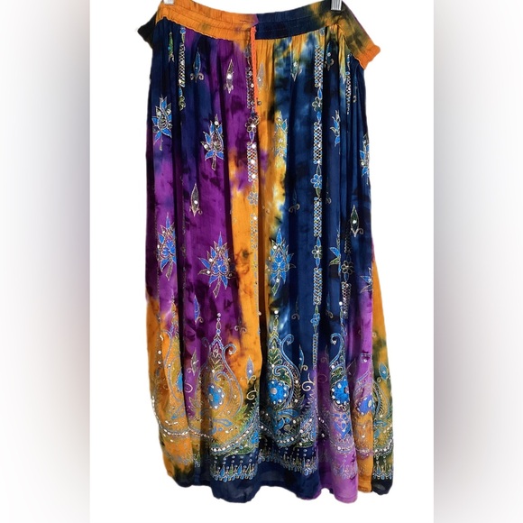 Gypsy Tie Dye Mirror Sequin Long Maxi Skirt OS Free Size Bells Witch Boho Hippie - Picture 1 of 14